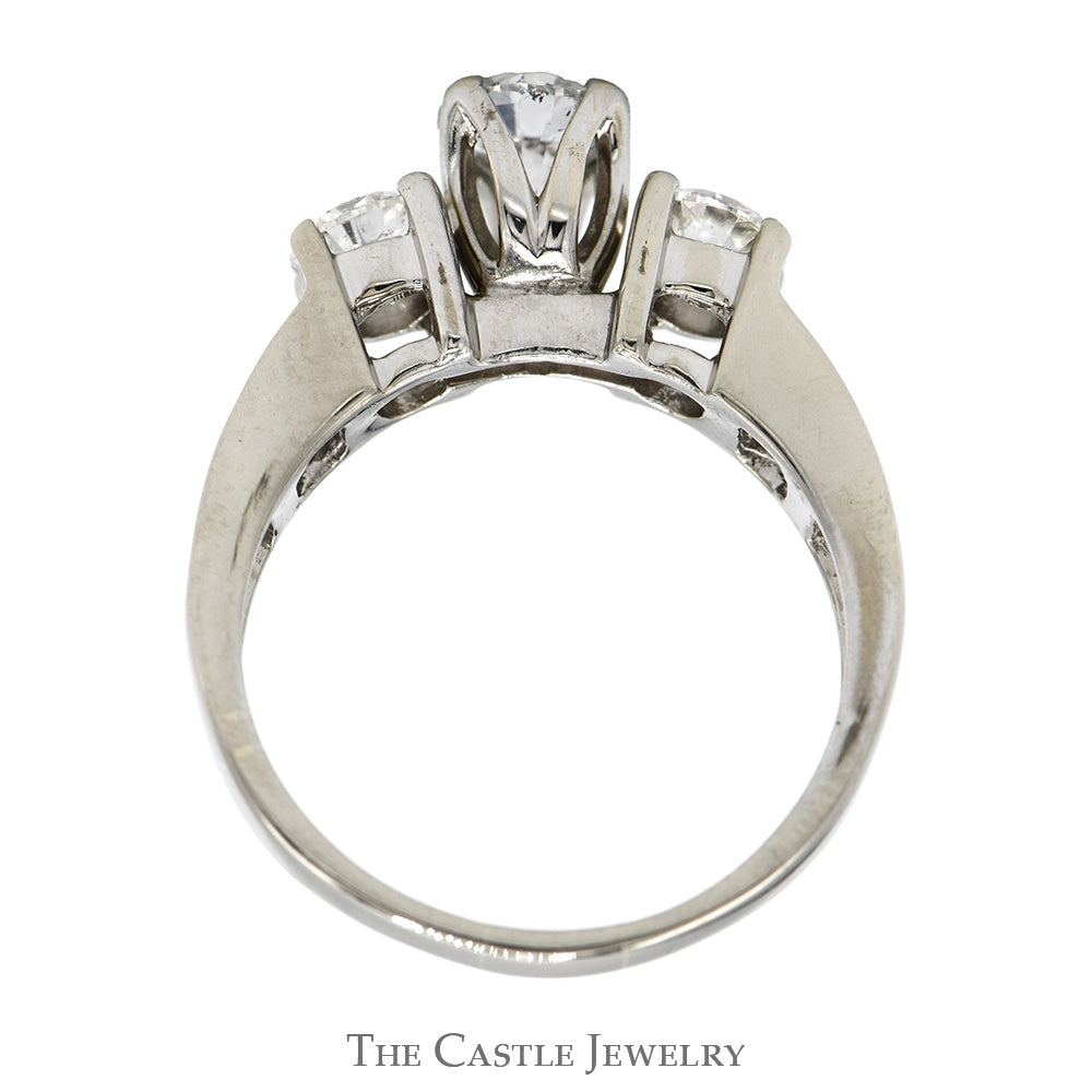 Three Stone Diamond Engagement Ring with Channel Set Diamond Accented Sides 14k White Gold