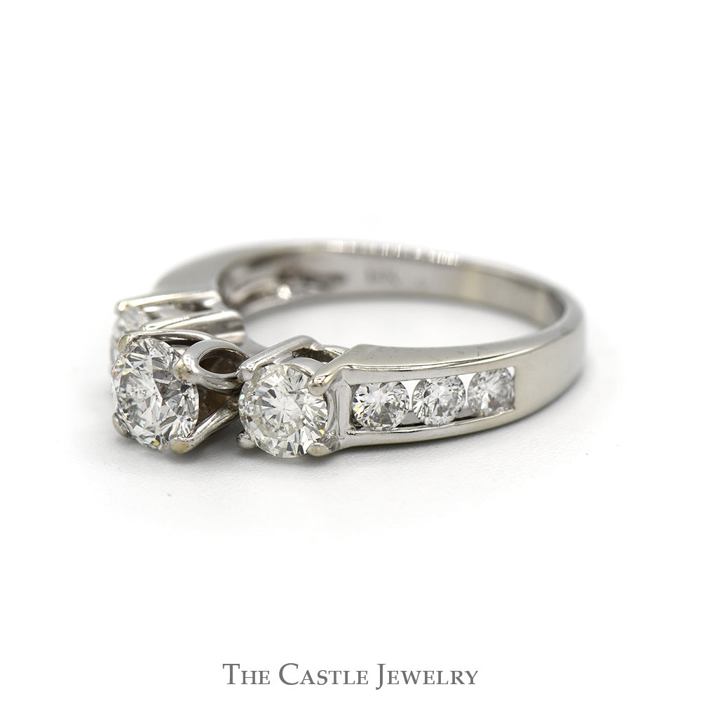 Three Stone Diamond Engagement Ring with Channel Set Diamond Accented Sides 14k White Gold