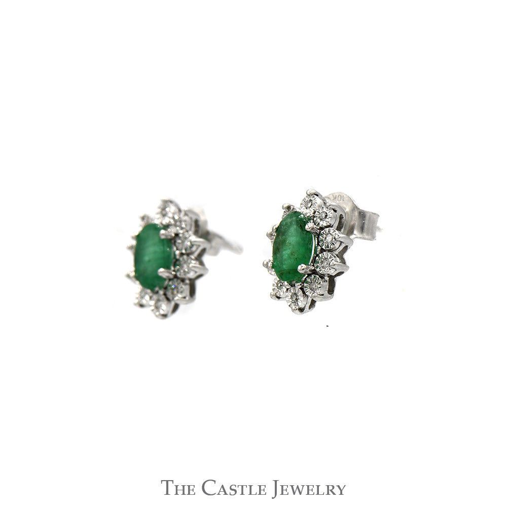 Stunning Oval Emerald Earrings with Diamond Halos in 10k White Gold