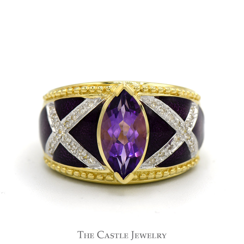 Marquise Shaped Amethyst Ring with Diamond Accented Purple Enamel Sides in 14k Yellow Gold