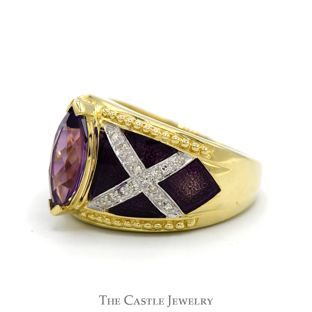 Marquise Shaped Amethyst Ring with Diamond Accented Purple Enamel Sides in 14k Yellow Gold