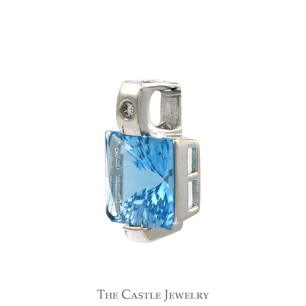 Princess Cut Blue Topaz Pendant with Diamond Accent in 14k White Gold