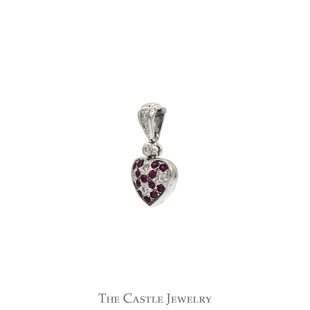 Heart Shaped Pendant with Ruby and Diamond Cluster in 14k White Gold