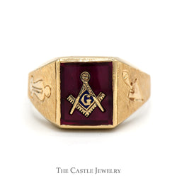 Square & Compass Red Masonic Men's Ring in 10k Yellow Gold