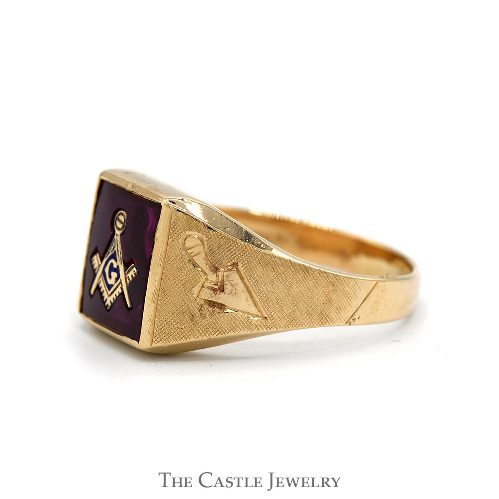 Square & Compass Red Masonic Men's Ring in 10k Yellow Gold