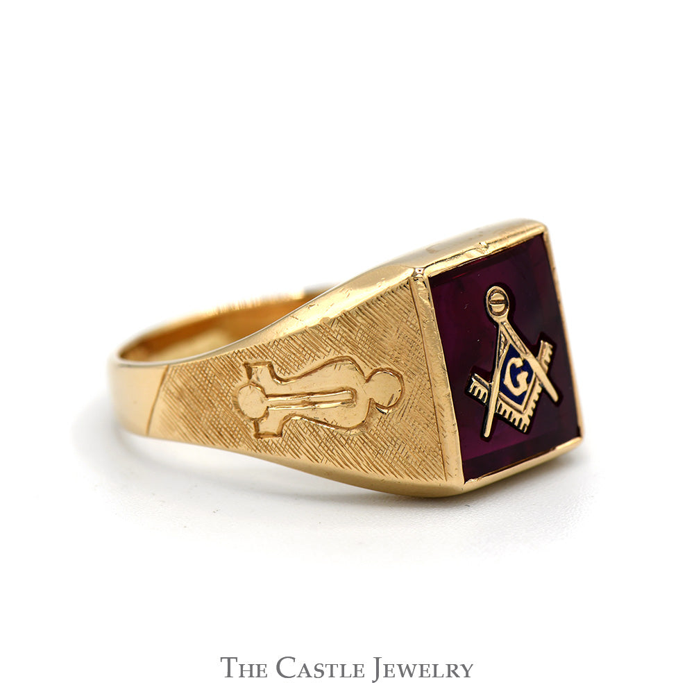 Square & Compass Red Masonic Men's Ring in 10k Yellow Gold