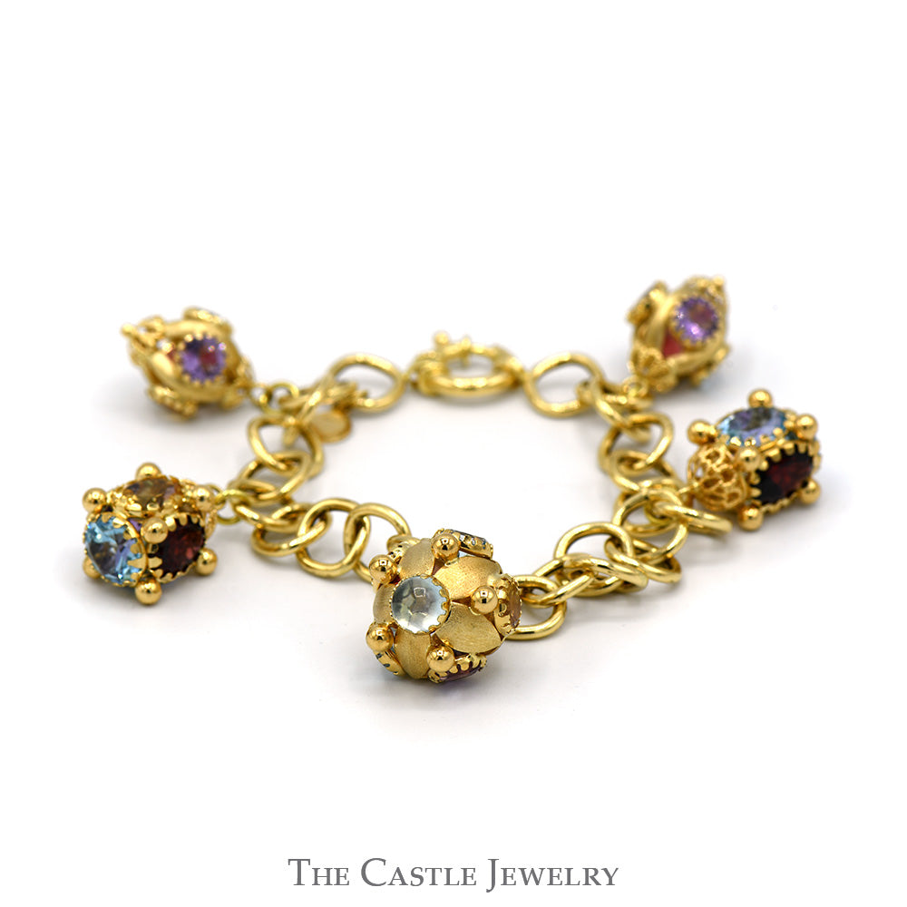 7 Inch Antique Style Multi Gemstone Link Bracelet in 18k Yellow Gold