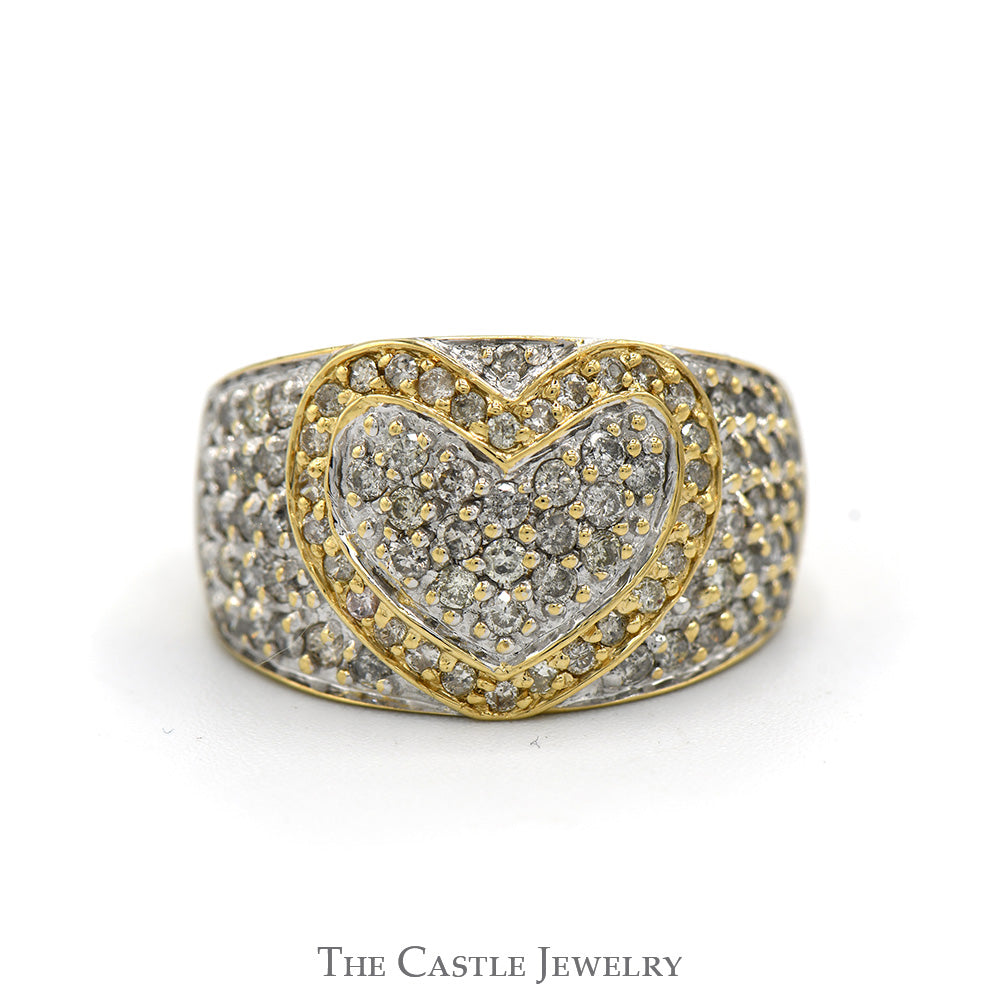 1.25cttw Heart Shaped Diamond Cluster Ring with Diamond Cluster Sides in 14k Yellow Gold
