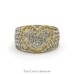 1.25cttw Heart Shaped Diamond Cluster Ring with Diamond Cluster Sides in 14k Yellow Gold