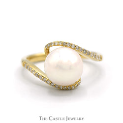 White Pearl Bypass Ring with Diamond Accented Sides in 10k Yellow Gold