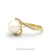 White Pearl Bypass Ring with Diamond Accented Sides in 10k Yellow Gold - Thumbnail 3