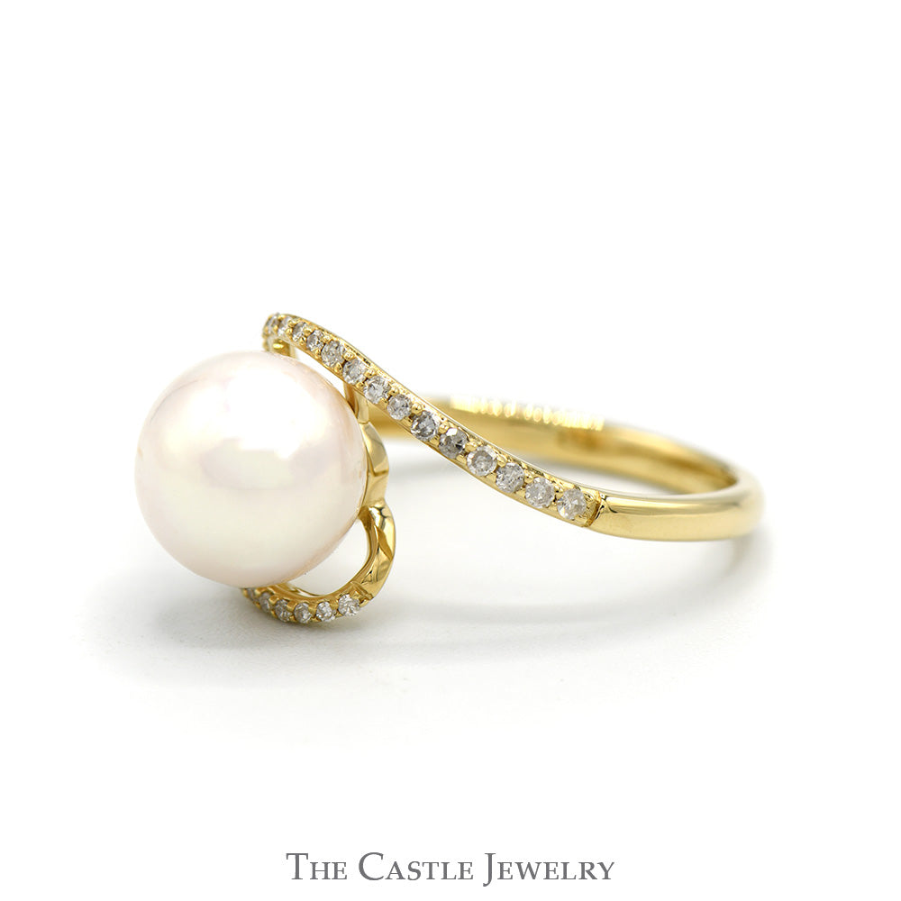 White Pearl Bypass Ring with Diamond Accented Sides in 10k Yellow Gold