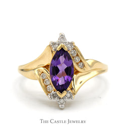 Marquise Cut Amethyst ring with Round Diamond Accents in 10k Yellow Gold