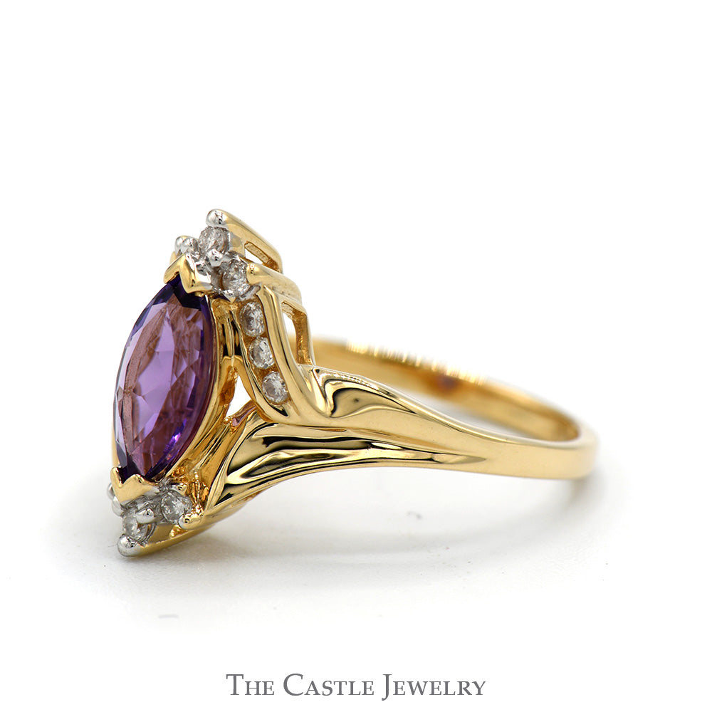 Marquise Cut Amethyst ring with Round Diamond Accents in 10k Yellow Gold