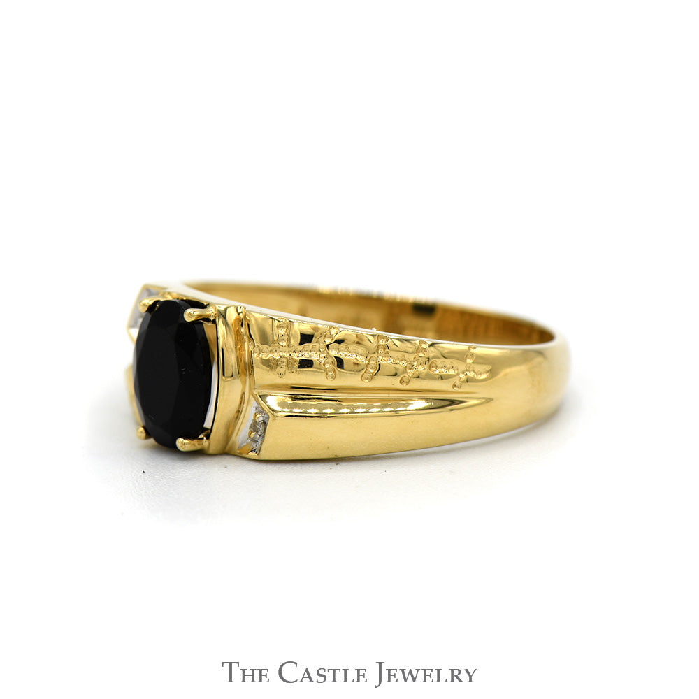 Oval Cut Black Onyx Ring with Diamond Accents & Nugget Textured Sides in 10k Yellow Gold