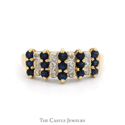 Multi Row Round Sapphire & Diamond Cluster Ring in 10k Yellow Gold