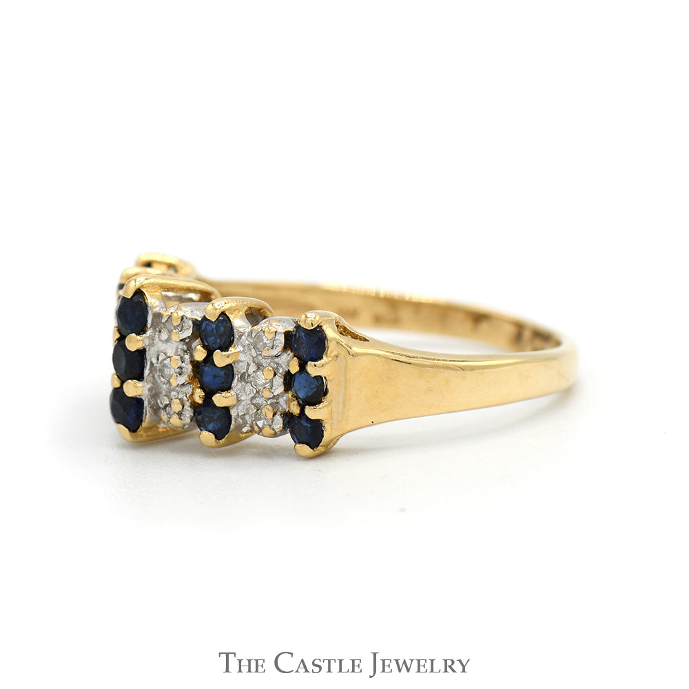 Multi Row Round Sapphire & Diamond Cluster Ring in 10k Yellow Gold