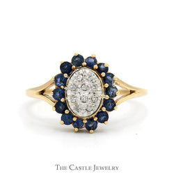 Oval Shaped Round Diamond Cluster Ring with Sapphire Halo in 10k Yellow Gold