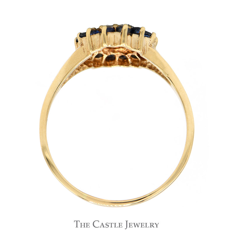 Oval Shaped Round Diamond Cluster Ring with Sapphire Halo in 10k Yellow Gold