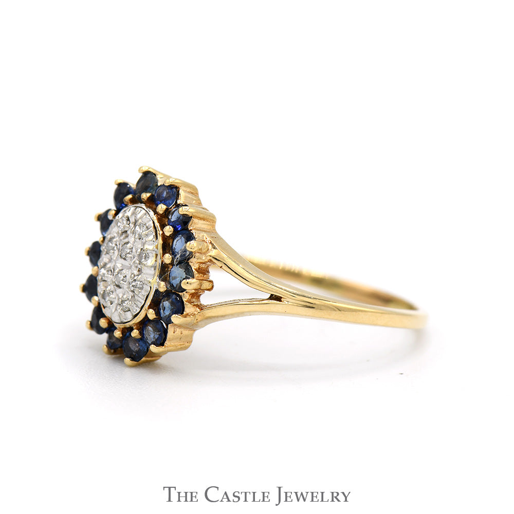 Oval Shaped Round Diamond Cluster Ring with Sapphire Halo in 10k Yellow Gold