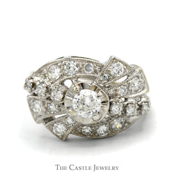 Antique Style Old European Cut Diamond Ring with Round Diamond Cluster Accents in 14k White Gold