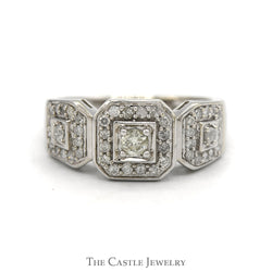 1/2cttw Diamond Band with Square Shaped Triple Diamond Halos in 10k White Gold