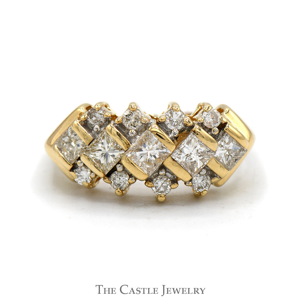 1cttw Princess & Round Cut Diamond Cluster Band in 14k Yellow Gold