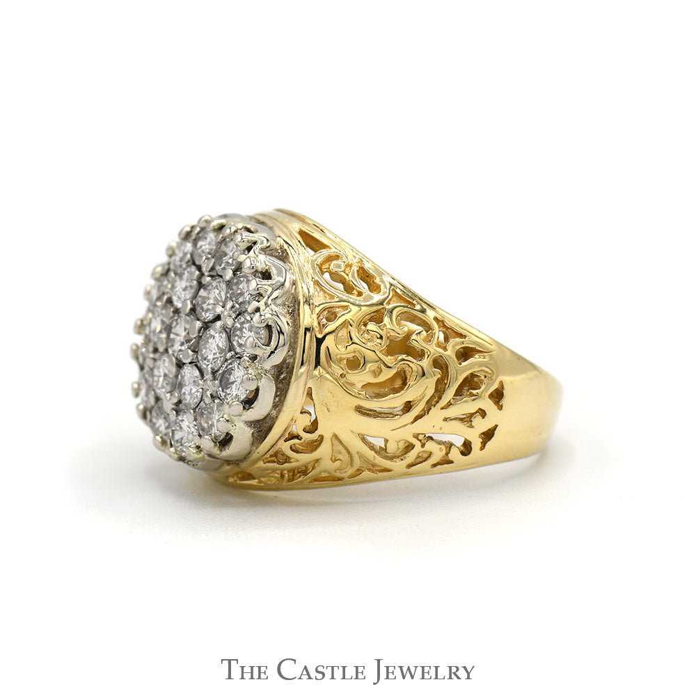 2cttw Diamond Kentucky Cluster Ring with Open Filigree Sides in 10k Yellow Gold