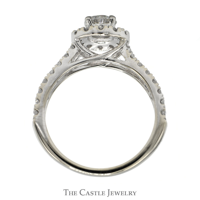 1.5cttw Round Diamond Solitaire Engagement Ring with Diamond Halo and Accented Sides in 14k White Gold