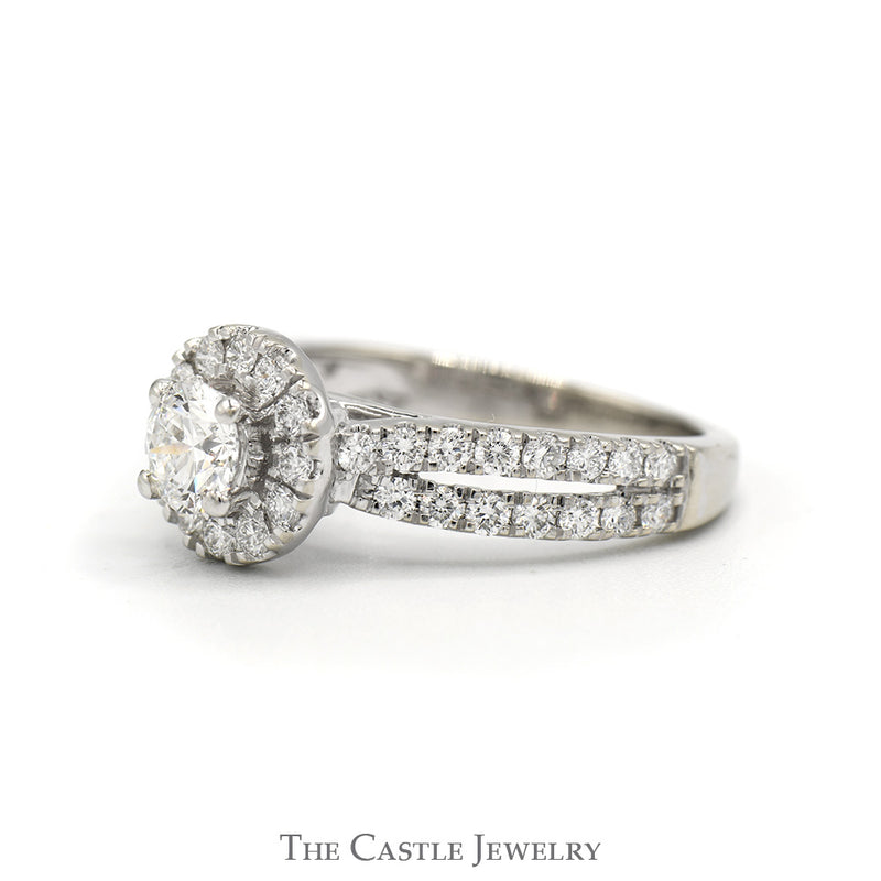 1.5cttw Round Diamond Solitaire Engagement Ring with Diamond Halo and Accented Sides in 14k White Gold