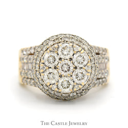 3cttw Round Diamond Cluster Ring with Double Diamond Halo & Multi Row Diamond Sides in 14k Yellow Gold