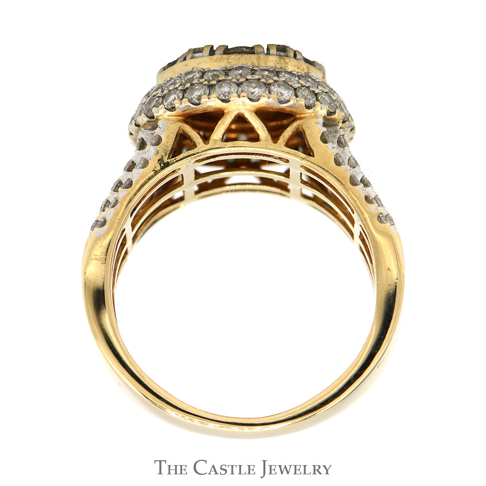 3cttw Round Diamond Cluster Ring with Double Diamond Halo & Multi Row Diamond Sides in 14k Yellow Gold