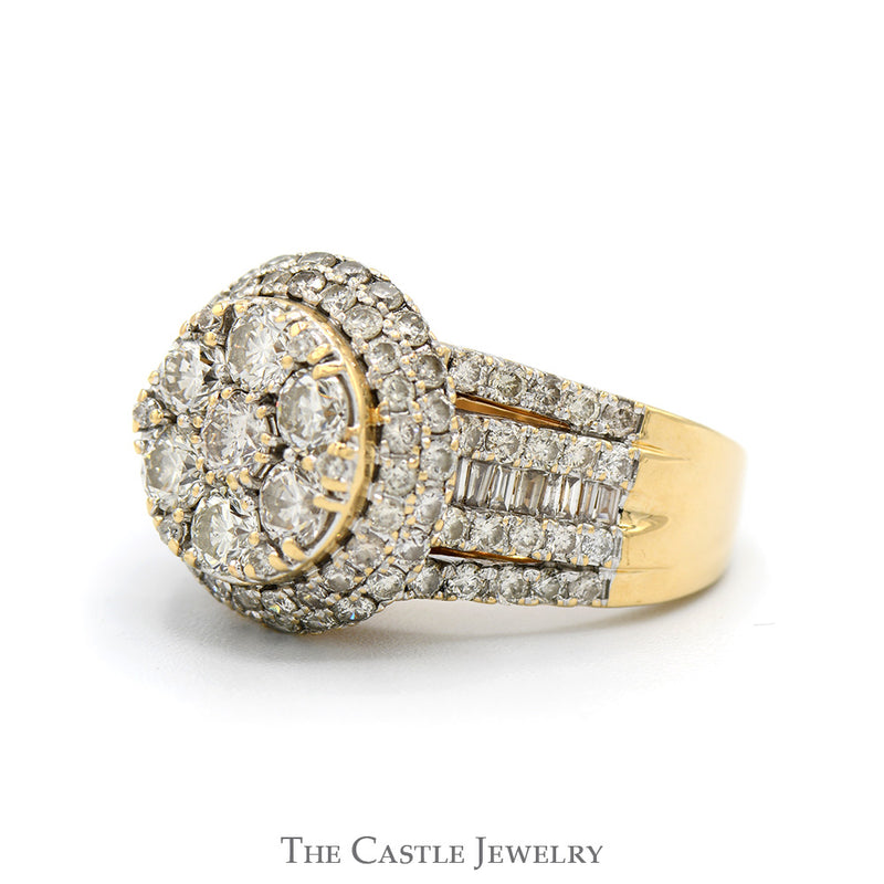 3cttw Round Diamond Cluster Ring with Double Diamond Halo & Multi Row Diamond Sides in 14k Yellow Gold