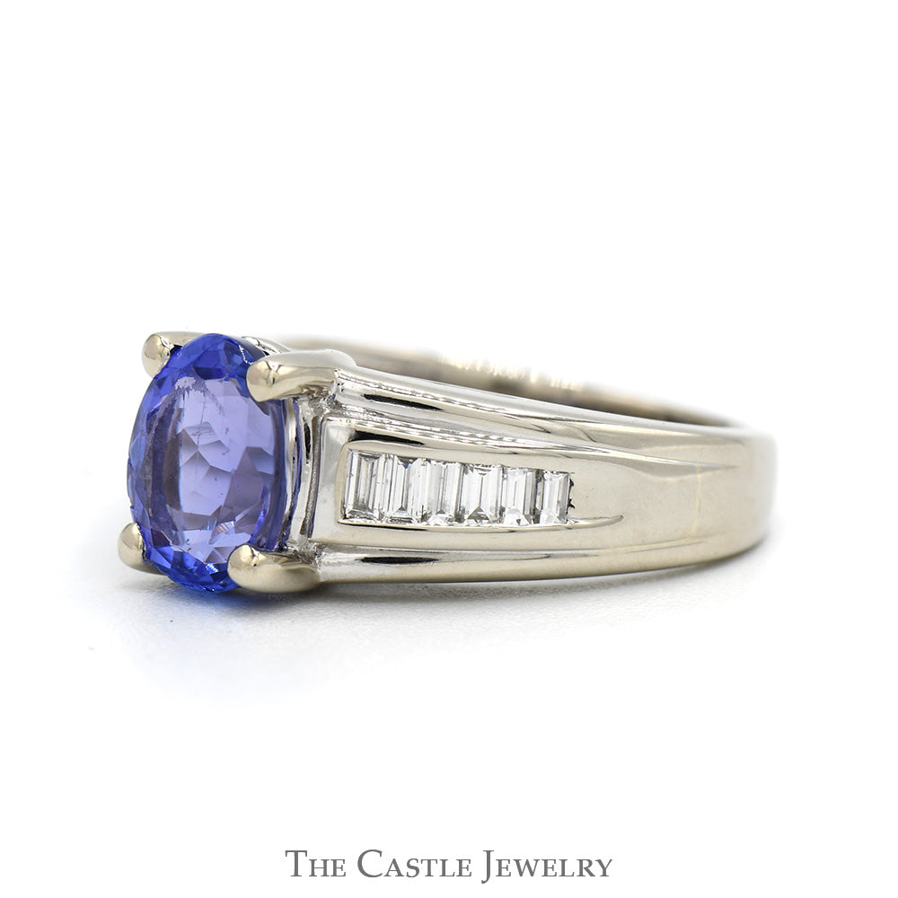 1.97ct Oval Tanzanite Solitaire Ring with Baguette Cut Diamond Accented Sides in 14k White Gold