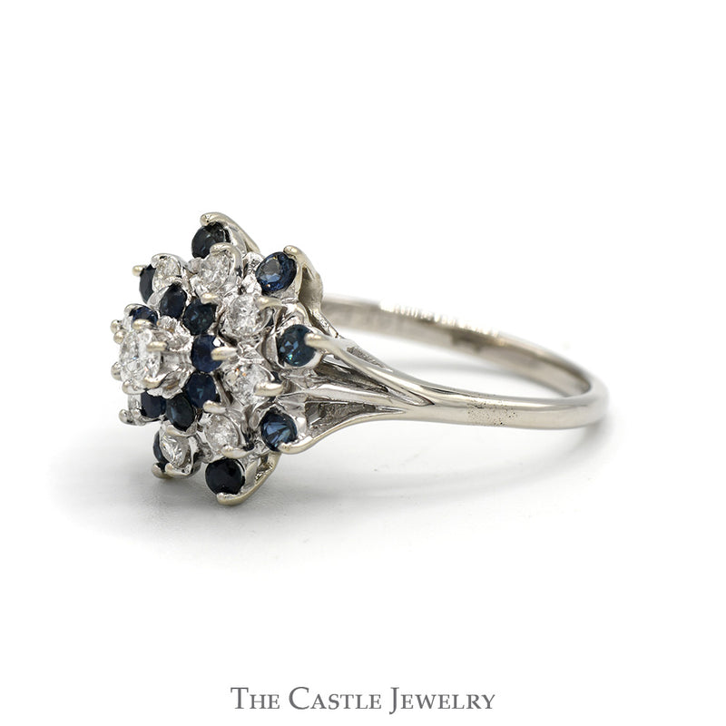 Sapphire & 1/2cttw Diamond Snowflake Cluster Ring in 14k White Gold