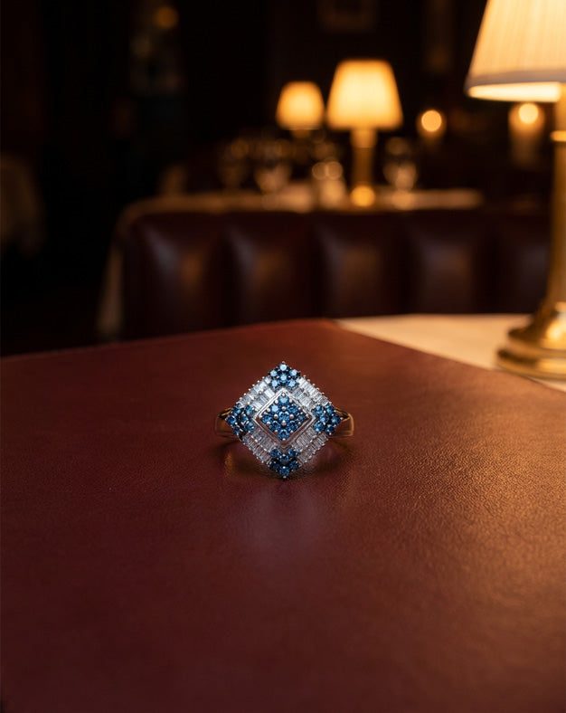 1cttw Square Shaped Blue and White Diamond Cluster Ring in 10k White Gold