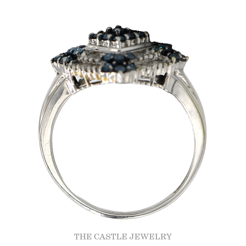 Front-facing view of the square set blue and white diamond cluster ring in 10k white gold