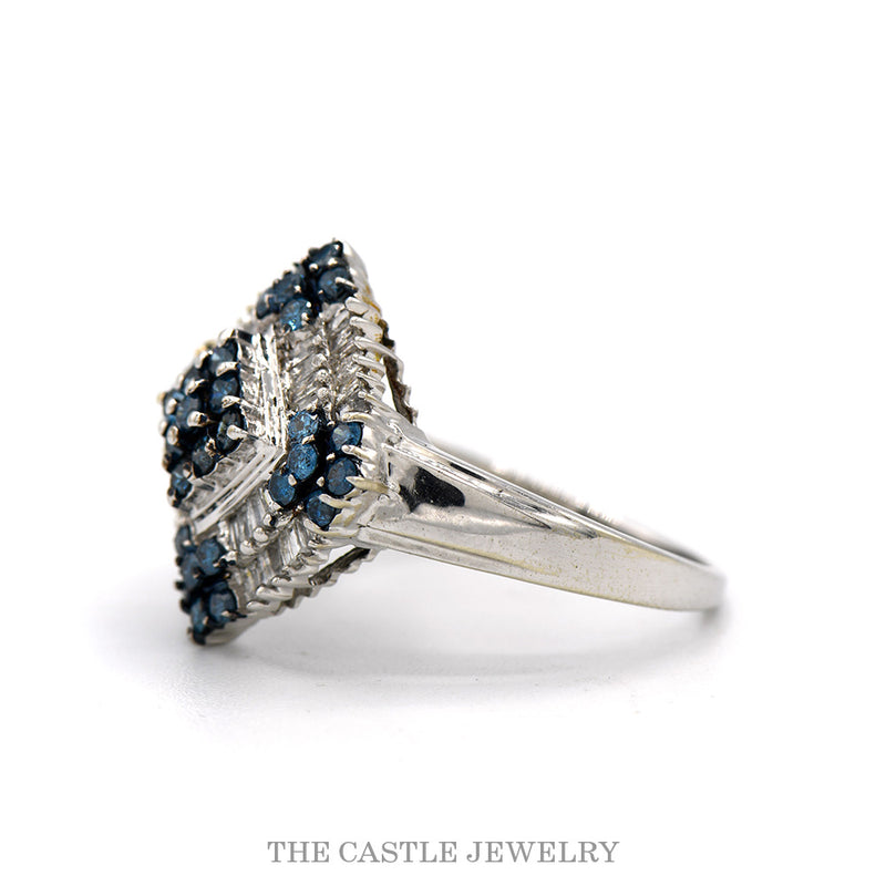 Side profile of the 10k white gold blue and white diamond cluster ring