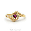Round Ruby Ring with Illusion Set Diamond Accents in 14k Yellow Gold Open Swirled Bypass Mounting - Thumbnail 1
