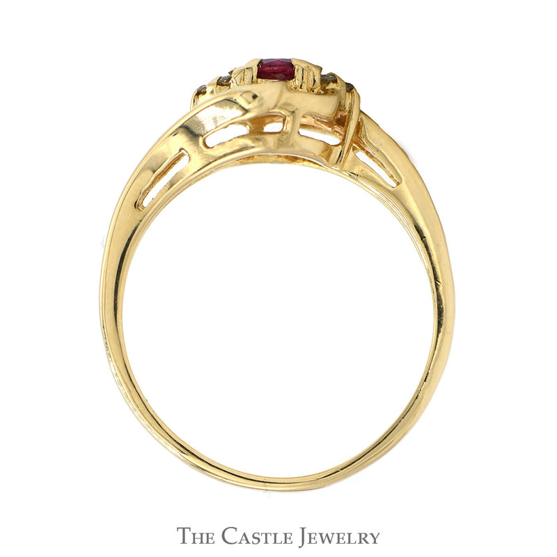 Round Ruby Ring with Illusion Set Diamond Accents in 14k Yellow Gold Open Swirled Bypass Mounting