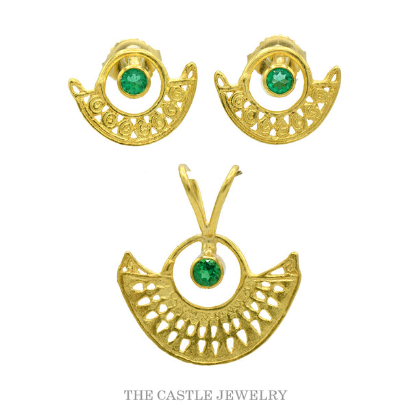 Round Emerald Earring and Pendant Set with Open Fan Design in 18k Yellow Gold