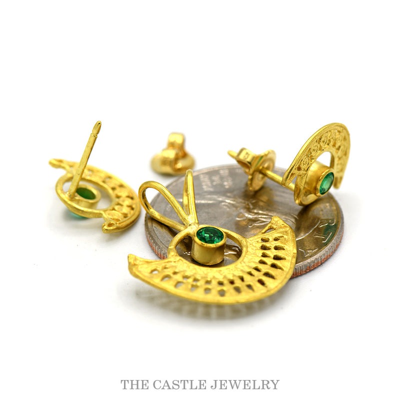 Round Emerald Earring and Pendant Set with Open Fan Design in 18k Yellow Gold