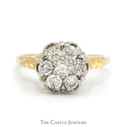 1cttw Round Shaped 7 Diamond Cluster Ring with Detailed Leaf Designed Sides in 14k Yellow Gold