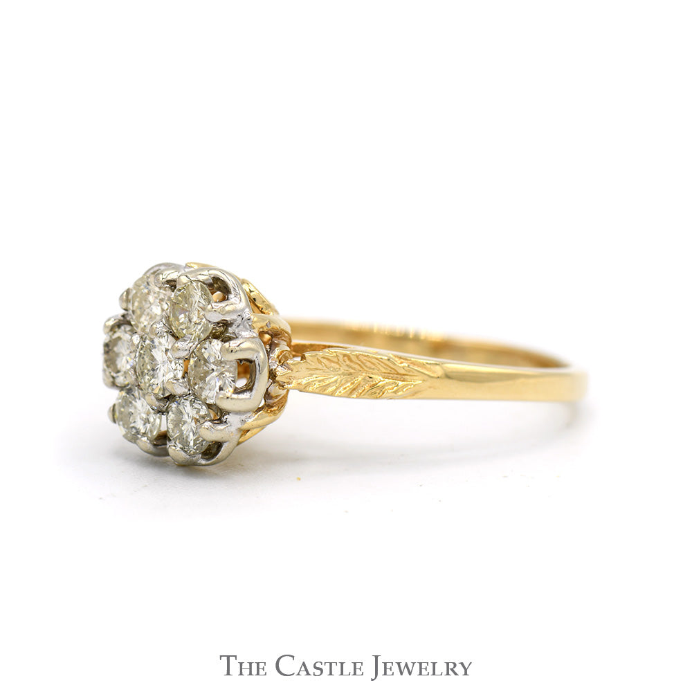 1cttw Round Shaped 7 Diamond Cluster Ring with Detailed Leaf Designed Sides in 14k Yellow Gold