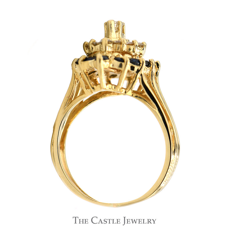 Marquise Shaped Diamond & Sapphire Cluster Ring with Split Sides in 14k Yellow Gold