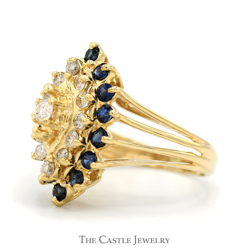 Marquise Shaped Diamond & Sapphire Cluster Ring with Split Sides in 14k Yellow Gold