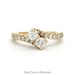 Double Diamond Bypass Engagement Ring with Diamond Accented Sides in 14k Yellow Gold