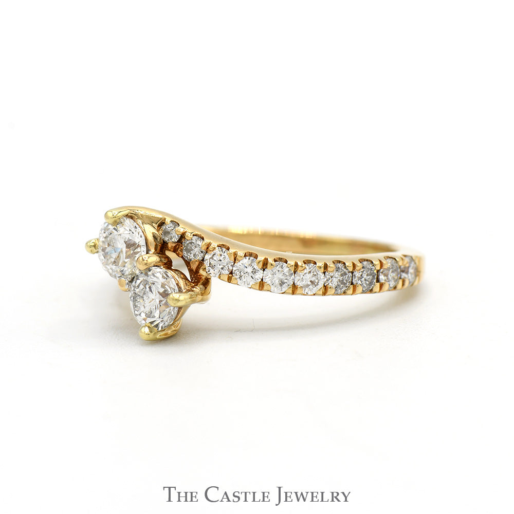 Double Diamond Bypass Engagement Ring with Diamond Accented Sides in 14k Yellow Gold
