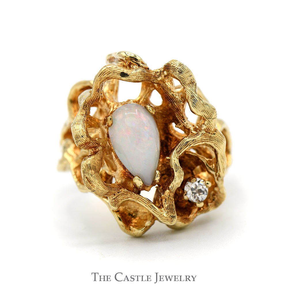 Pear Cut Opal Ring with Diamond Accent in 14k Yellow Gold Coral Designed Free Form Setting