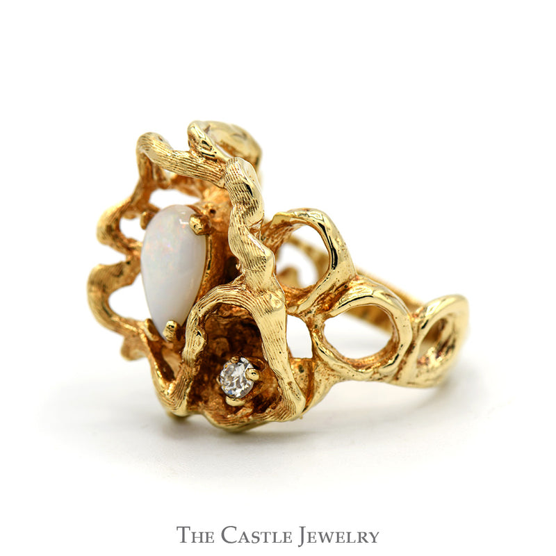 Pear Cut Opal Ring with Diamond Accent in 14k Yellow Gold Coral Designed Free Form Setting